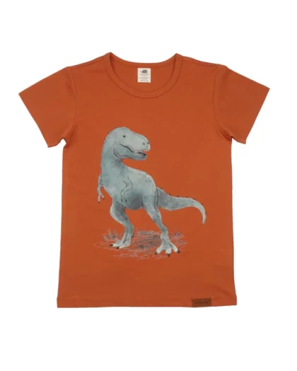 maglietta rossa a manica corta per bambini con stampa di un dinosauro T-Rex