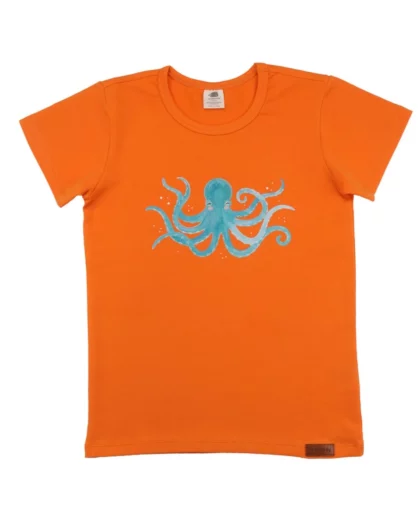 maglietta arancione a manica corta per bambini con stampa di un polpo