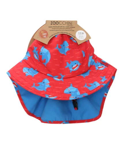 cappello estivo per bambini alla pescatora rosso con squali azzurri