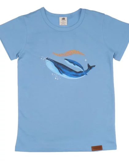 maglietta azzurra a manica corta per bambini con stampa di una balena e suo cucciolo