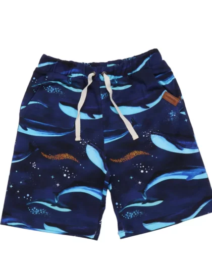 pantaloncini corti blu per bambini con stampe di balene