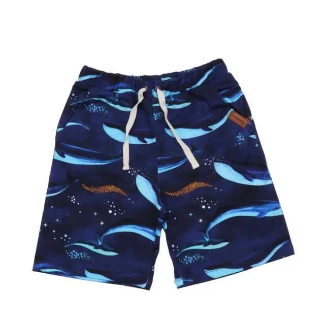 pantaloncini corti blu per bambini con stampe di balene