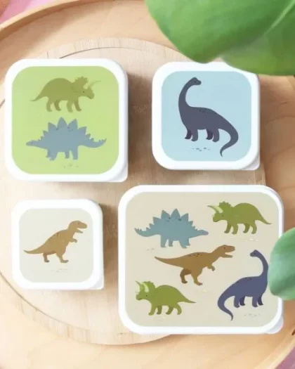 4 scatole porta merenda e porta pranzo con disegnati i dinosauri