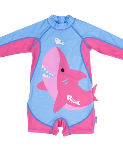 tutina da surf per bambini con squalo di colore azzurra e rosa del marchio zoocchini