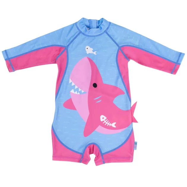 tutina da surf per bambini con squalo di colore azzurra e rosa del marchio zoocchini