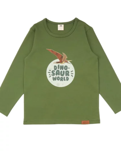 maglietta a manica lunga per bambini di colore verde con dinosauro