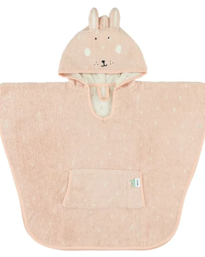 poncho per bambini in spugna di cotone biologico di colore rosa a forma di coniglio