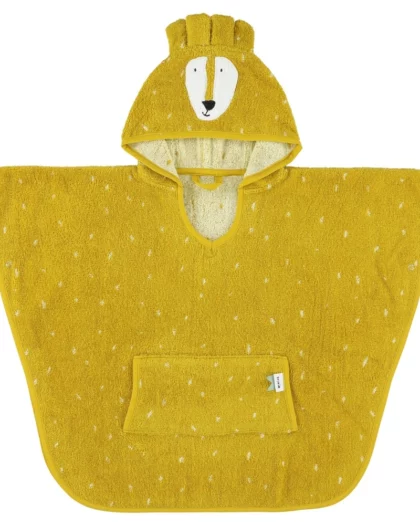 poncho per bambini in spugna di cotone biologico di colore giallo a forma di leone