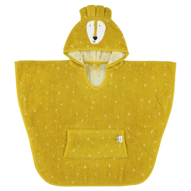 poncho per bambini in spugna di cotone biologico di colore giallo a forma di leone