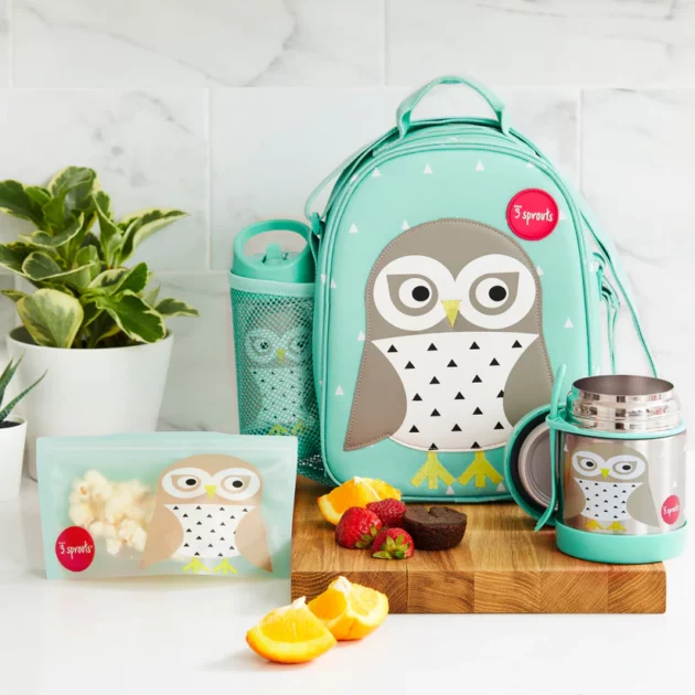 set borsa porta pranzo termica, borraccia, tazza e porta merenda per bambini 3 Sprouts con disegno di gufo