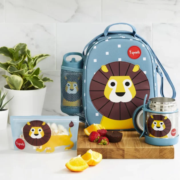 set borsa porta pranzo termica, borraccia, tazza e porta merenda per bambini 3 Sprouts con disegno di leone