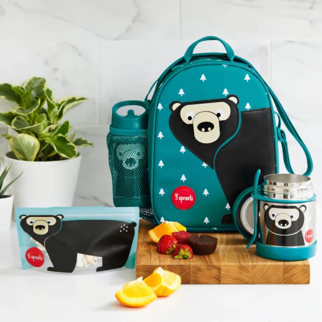 set borsa porta pranzo termica, borraccia, tazza e porta merenda per bambini 3 Sprouts con disegno di orso