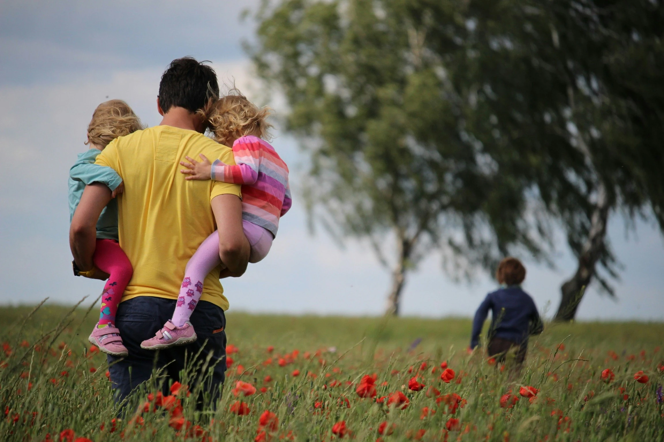 Papà con bambini in campo di papaveri- e alberi sullo sfondo