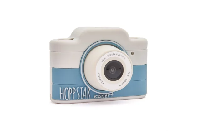 macchina fotografica per bambini Hoppstar di colore bianco e azzurro