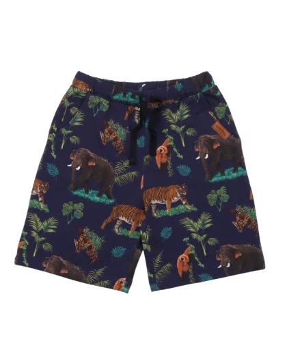 pantaloncini per bambini di colore blu con stampe di animali selvatici