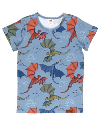maglietta a manica corta per bambini di colore azzurro con stampe di draghi colorati