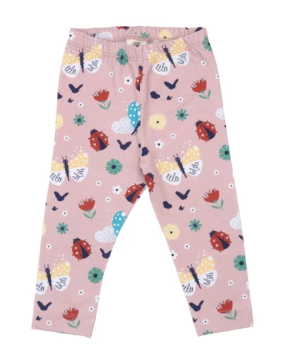 leggings per bambina di colore rosa con stampe di coccinelle e farfalle