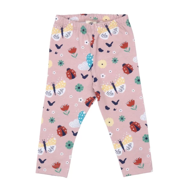 leggings per bambina di colore rosa con stampe di coccinelle e farfalle