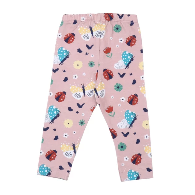 leggings per bambina di colore rosa con stampe di coccinelle e farfalle