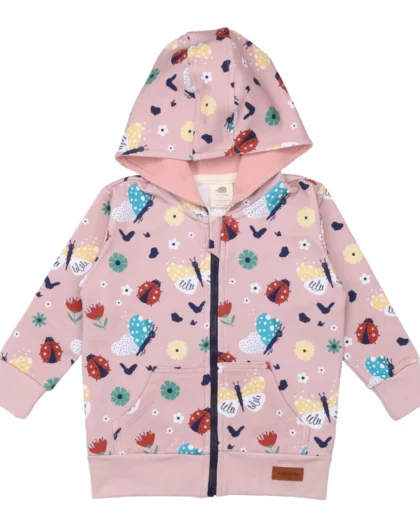 felpa con cappuccio per bambini di colore rosa con stampe di coccinelle e farfalle