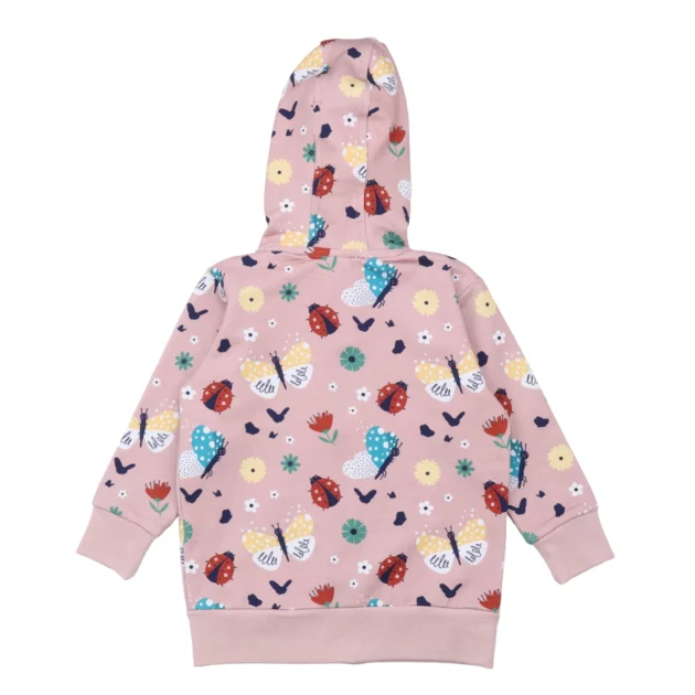 felpa con cappuccio per bambini di colore rosa con stampe di coccinelle e farfalle