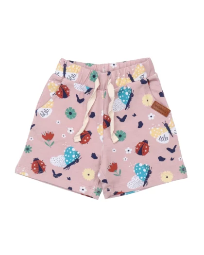 pantaloncini rosa per bambini con stampe di coccinelle e farfalle