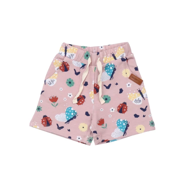 pantaloncini rosa per bambini con stampe di coccinelle e farfalle