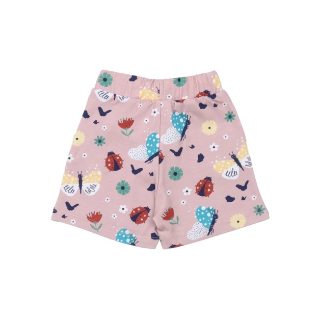 pantaloncini rosa per bambini con stampe di coccinelle e farfalle