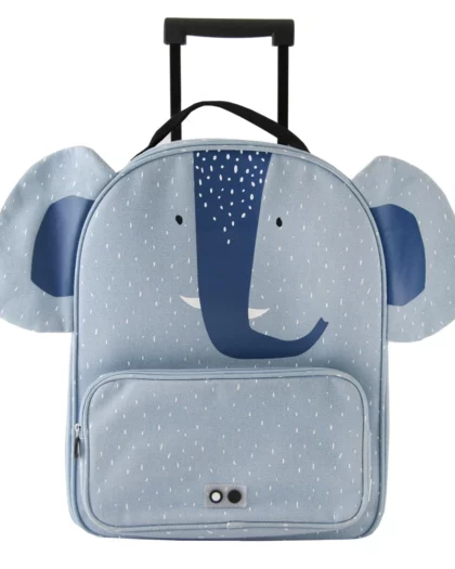 trolley da viaggio per bambini di colore azzurro con disegnato un elefante