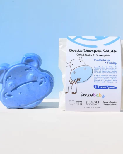 detergente solido per bambini a forma di ippopotamo con profumo di frutti di bosco