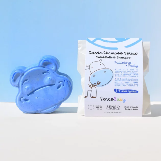 detergente solido per bambini a forma di ippopotamo con profumo di frutti di bosco