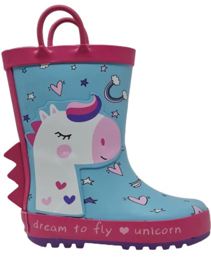 stivaletti per bambini di colore azzurro a tema unicorno