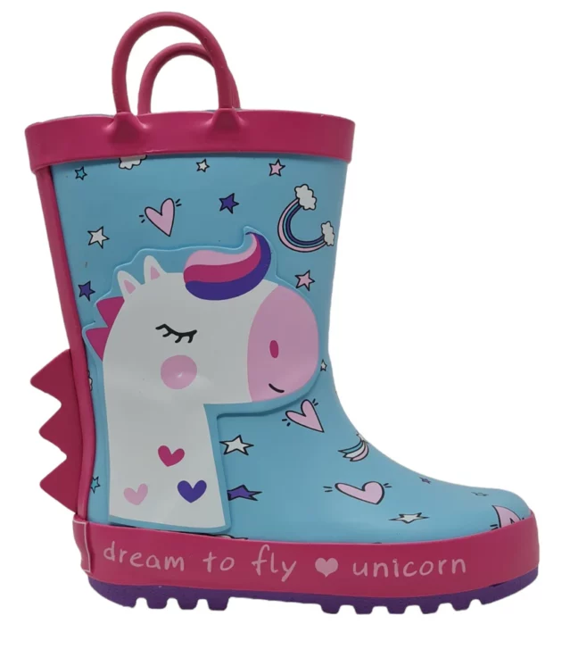 stivaletti per bambini di colore azzurro a tema unicorno