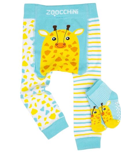 leggings per bambini di colore azzurro e giallo con disegno di giraffa