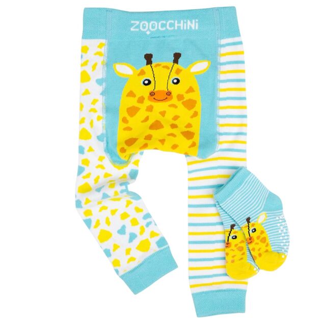 leggings per bambini di colore azzurro e giallo con disegno di giraffa