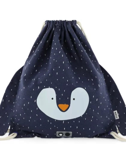 zaino a sacca per bambino di colore blu a tema pinguino