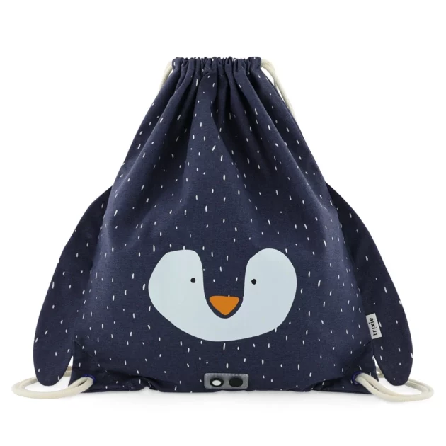 zaino a sacca per bambino di colore blu a tema pinguino