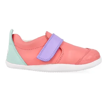 Scarpine primi passi per bambini, di colore azzurro e rosa corallo, con strappo di colore viola