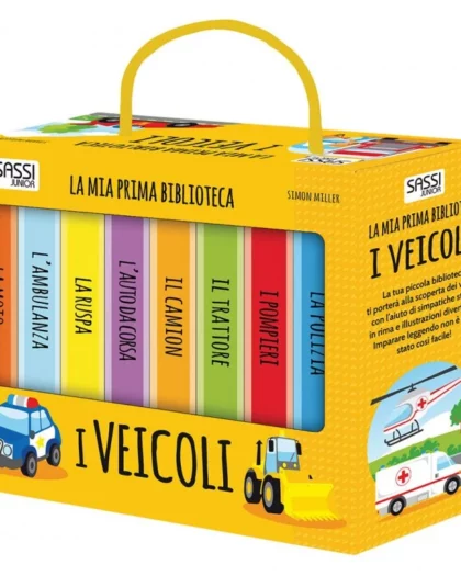 cofanetto con 8 libri per bambini a tema veicoli di Sassi editore