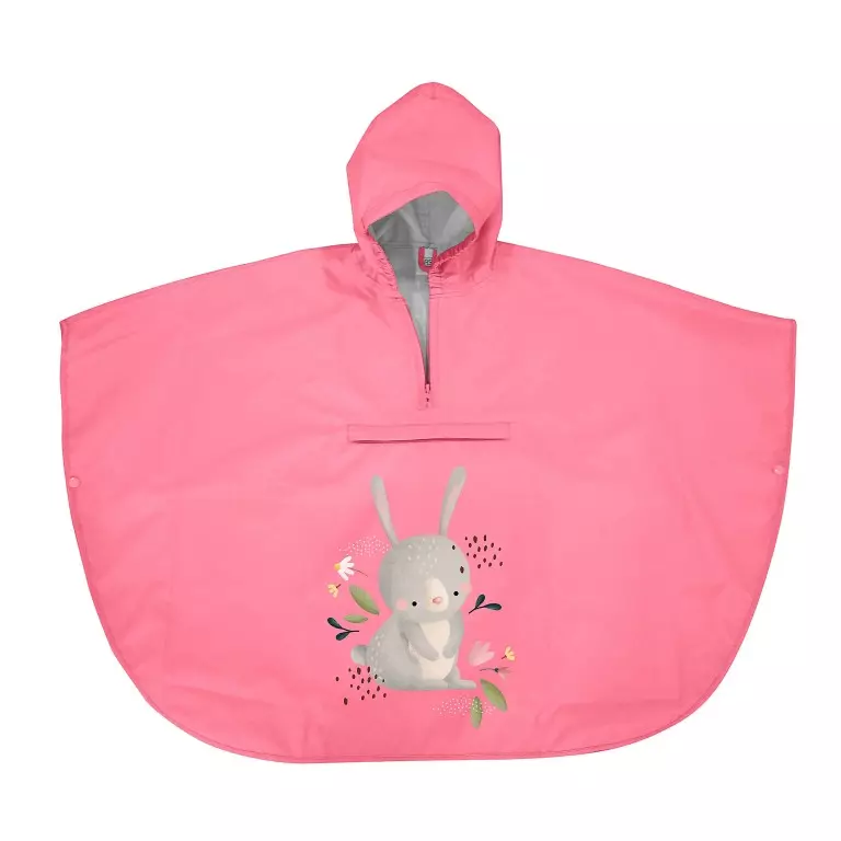 poncho impermeabile di colore rosa con disegno di coniglietta