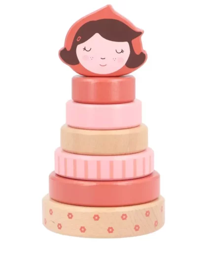 torre impilabile in legno per bambini piccoli. Con colori sul rosa a tema cappuccetto rosso