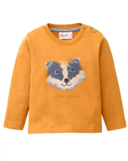 maglietta a manica lunga di colore zucca con disegno di procione in cotone bioligico, marca people wear organic