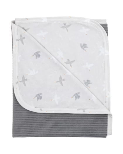 copertina in cotone organico e velluto di colore grigio con fantasia ochette